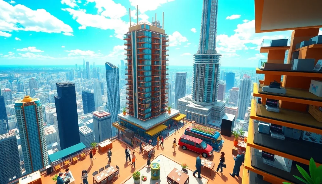 Engaging scene of the sim tower game featuring a dynamic skyscraper with people managing various amenities.