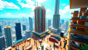 Engaging scene of the sim tower game featuring a dynamic skyscraper with people managing various amenities.
