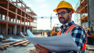 New Jersey General Contractor inspecting plans on a busy construction site with workers and machinery.