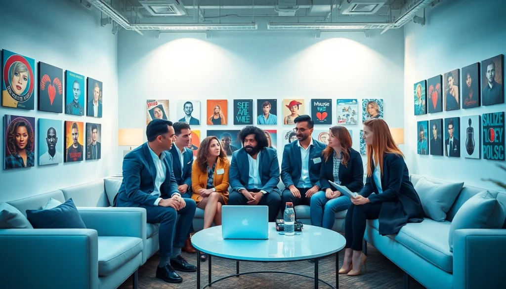 Engage with a professional team from a Music PR Agency brainstorming in a vibrant, creative workspace.