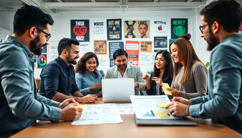 Team collaborating at a Music PR Agency to enhance artist promotion strategies.