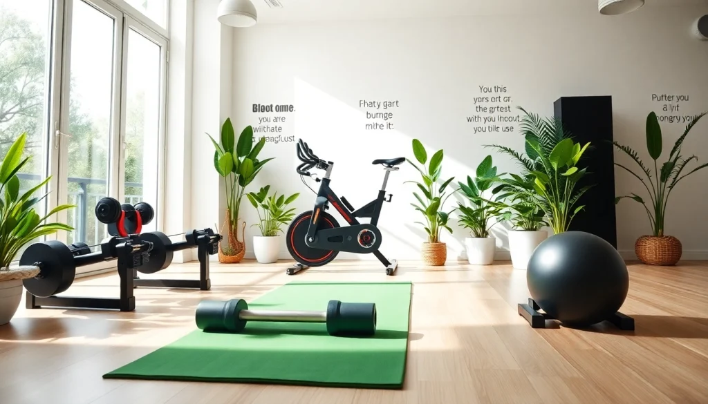 Home gym equipment Australia showcased in a modern setup with weights and a stationary bike.