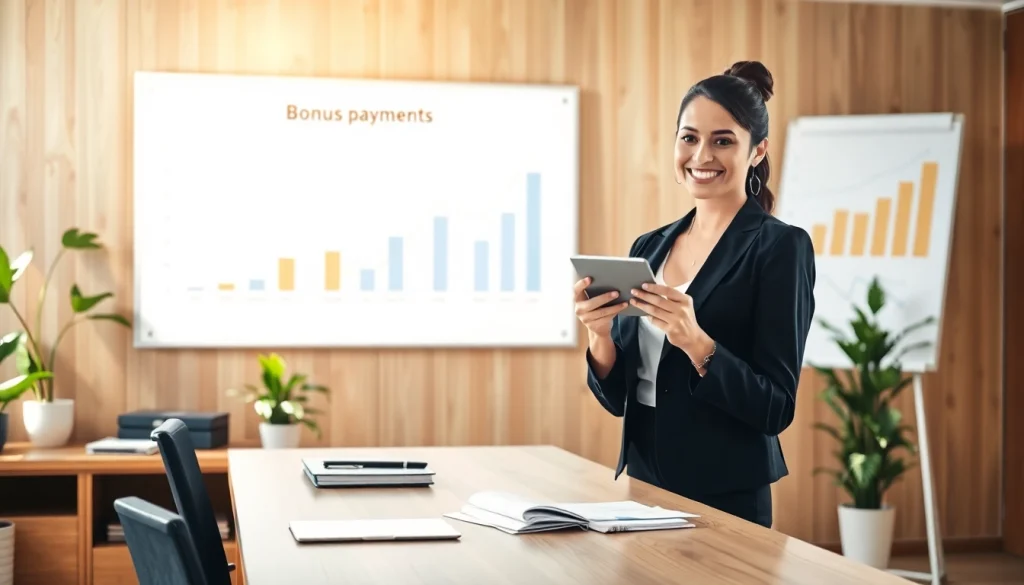 Illustration of a professional examining a bonus payment, surrounded by success metrics.