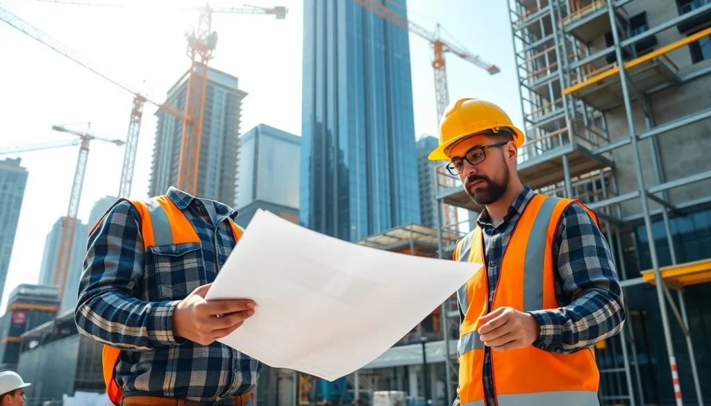 Manhattan Commercial General Contractor analyzing plans at a bustling urban construction site.