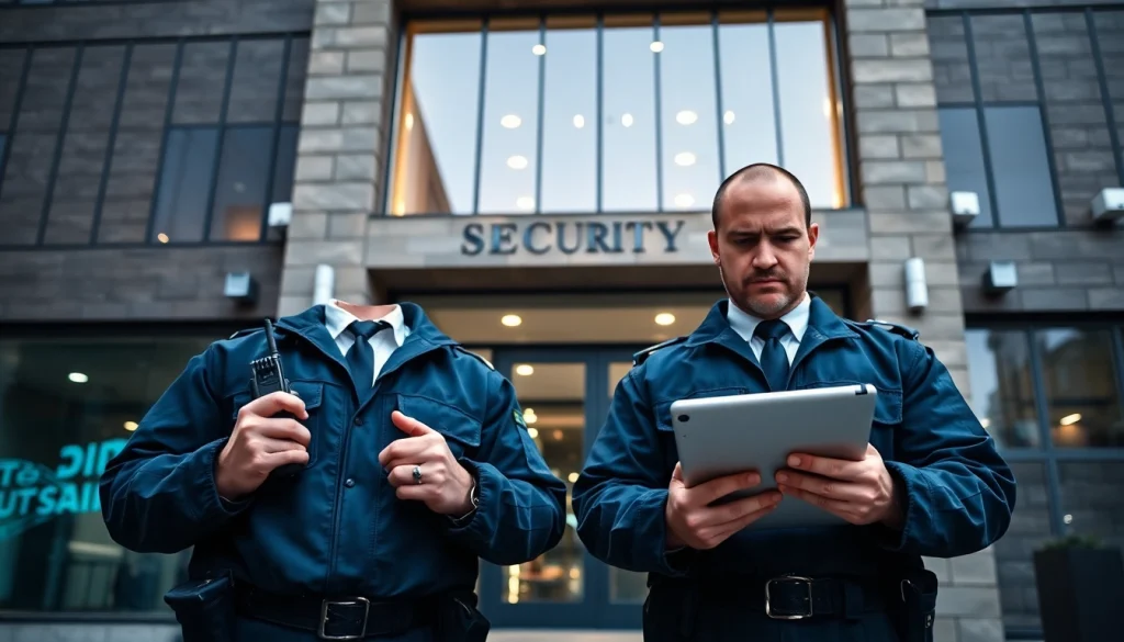 Security Company Newcastle upon Tyne officers standing in front of a high-tech facility, showcasing professionalism.