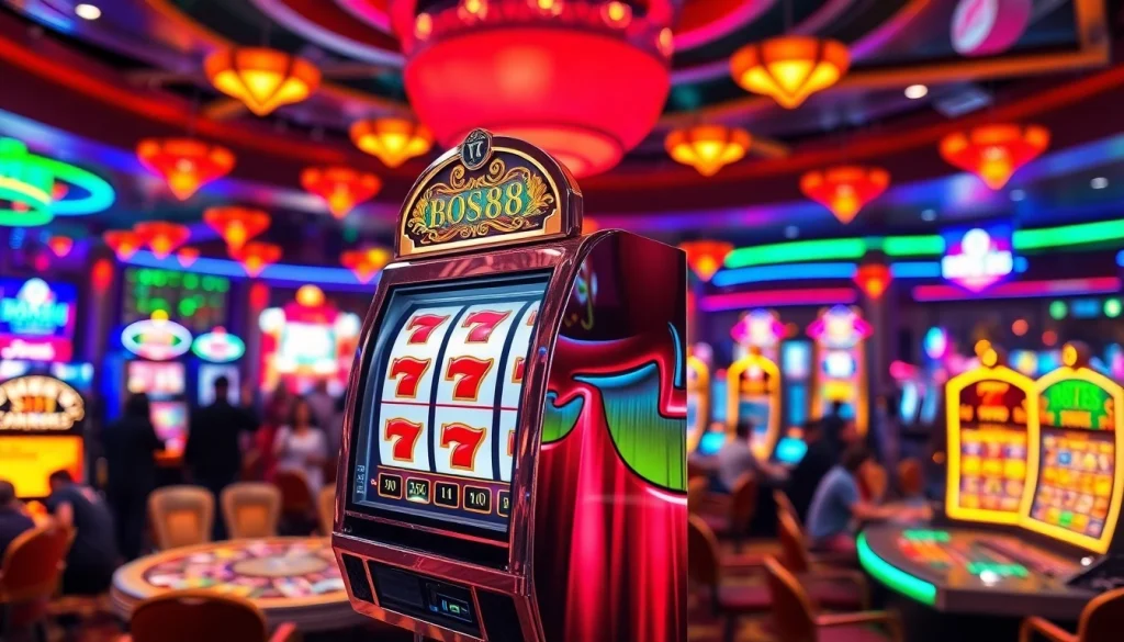Menangkan permainan bos88 slot dengan mesin slot yang bersinar dan pemain yang bersorak.