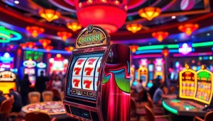 Menangkan permainan bos88 slot dengan mesin slot yang bersinar dan pemain yang bersorak.