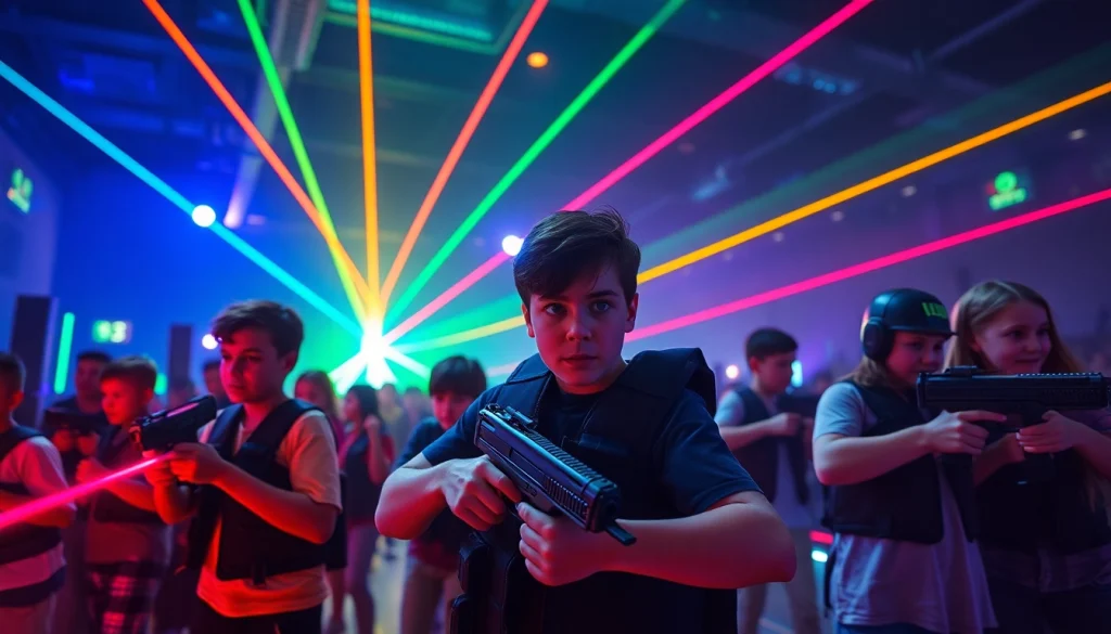 Engaged players in laser tag arena enjoying vibrant action amidst colorful lasers.