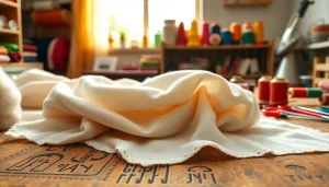Katoen stof met kleurrijke garens en naaigereedschap op een houten tafel.