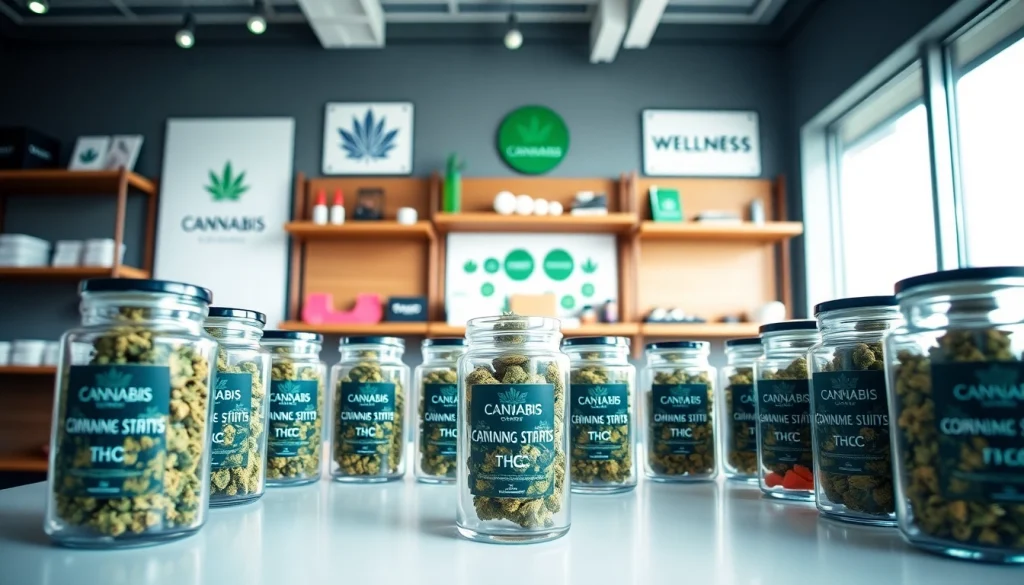 Buy cannabis products displayed attractively in a modern dispensary setting.