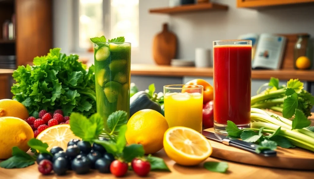 Displaying detox supplement for weight loss ingredients on a kitchen table with vibrant fruits and greens.