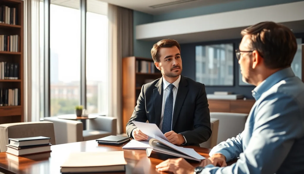 Eminent domain lawyer consulting with a client in a bright office environment.