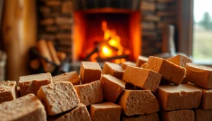 Arranged briquettes in a rustic setting, highlighting texture and warmth around a cozy fireplace.