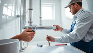 Skilled plumber repairing plumbing system in a modern bathroom environment.