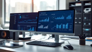 Monitor displaying Bluehost web hosting metrics in a modern digital workspace
