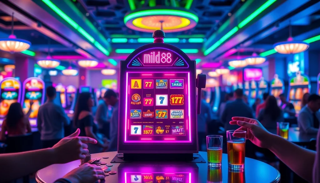 Rasakan keseruan bermain mild88 slot dengan mesin slot cerah di latar belakang kasino yang ramai.