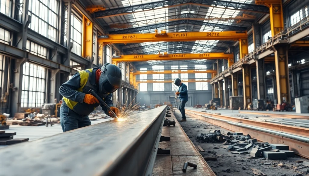 Welders engaged in structural steel welding, featuring vibrant sparks and industrial tools in action.