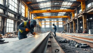 Welders engaged in structural steel welding, featuring vibrant sparks and industrial tools in action.