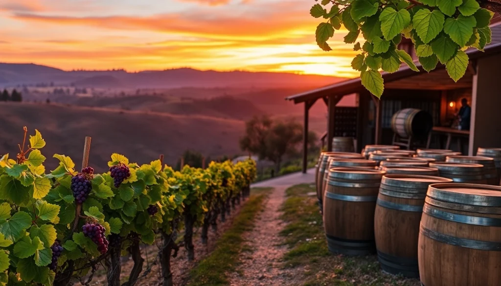 Experience the charm of Winery Sacramento with a sunset over picturesque vineyards.