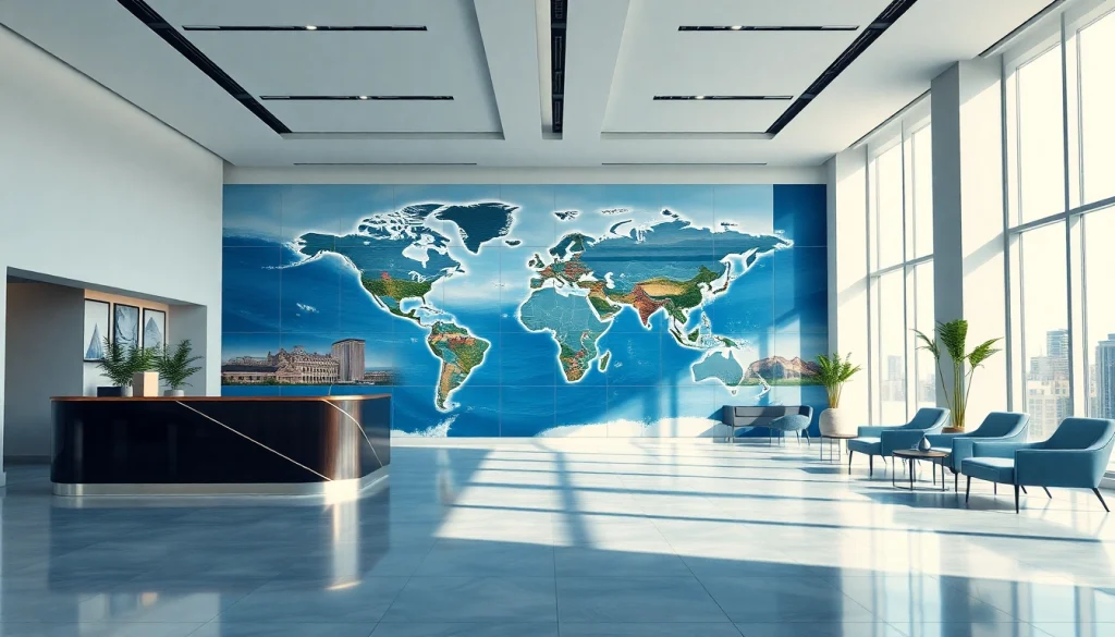 Showcase of real estate international properties in a modern luxury office setting