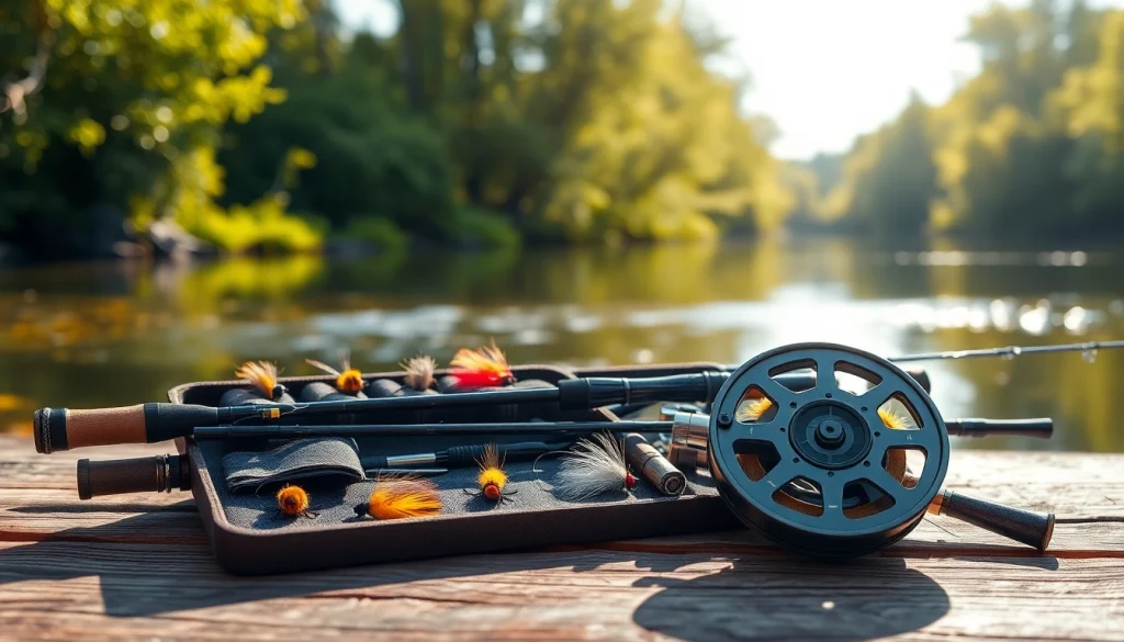 Engaging fly fishing kit open on a rustic table by the river, showcasing essential gear.