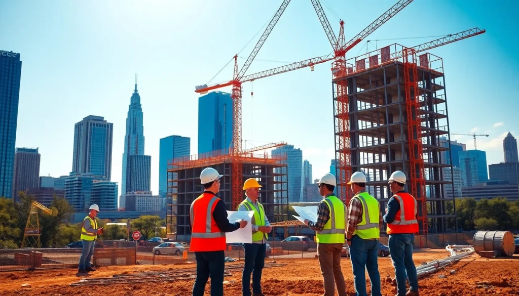 Austin construction site showcasing cranes and workers in bright sunlight.