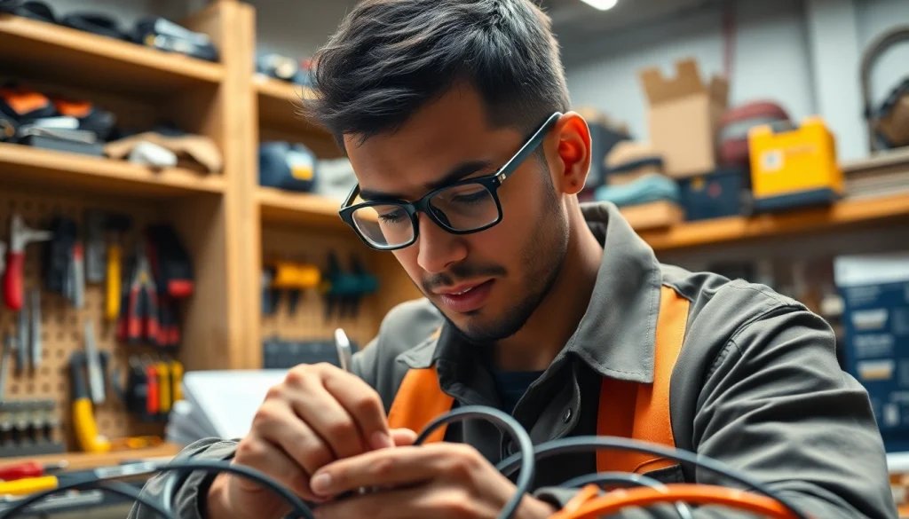 Wyoming Electrical Apprenticeship in action as an apprentice works on electrical components in a workshop.