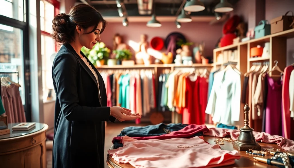 Personal stylist advising a client in a vibrant boutique setting